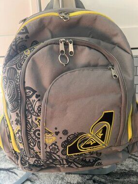 Vintage Y2K Roxy Grey & Neon Yellow Paisley Multi-Pocket School Backpack 16x14